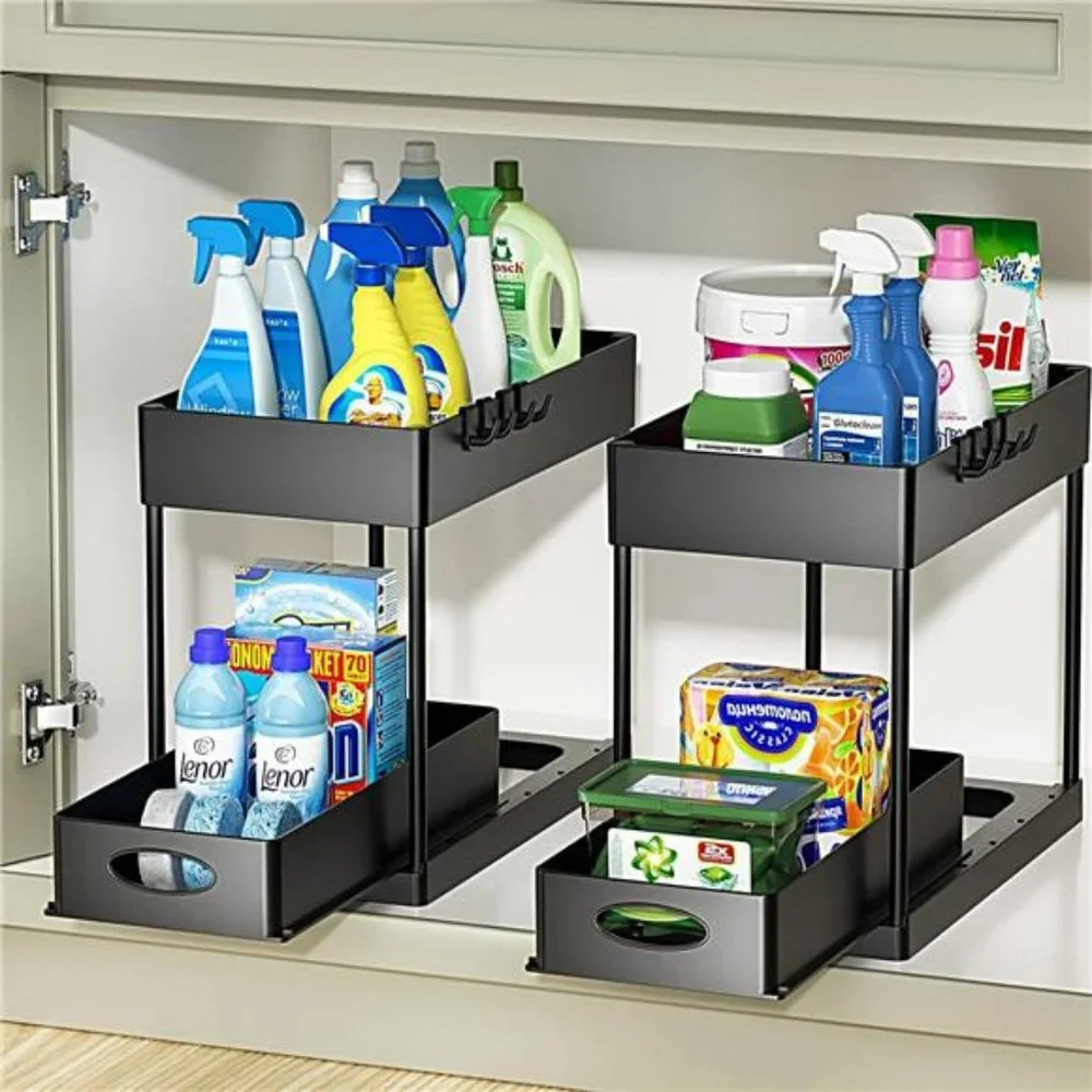 2 Pack Under Sink Organizer, 2-Tier Sliding Cabinet Basket Organizer with Hooks